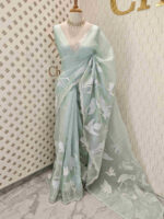 Organza with flamingo and dove applique work with scalp border - Image 12