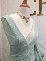 Organza with lotus flower and leaf applique with polka dot blouse - Image 2