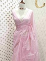 Organza with big lotus flower and seed head applique work - Image 8