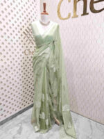 Organza with big lotus flower and seed head applique work - Image 6