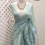 Organza with curvy petal applique and polka dot weave blouse