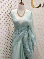 Organza with curvy petal applique and polka dot weave blouse