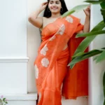 Organza with big flower applique and its stem thread work