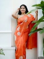Organza with big flower applique and its stem thread work