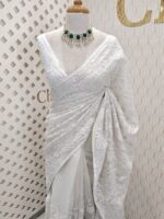 Organza with self colour kantha work embroidery - Off white