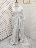 Organza with self colour kantha work embroidery - Off white - Image 3
