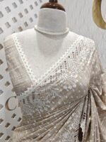 Semi tussar with peacock feather like work and cut work on border - Image 4