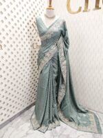 Semi tussar with peacock feather like work and cut work on border - Image 3