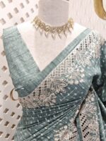 Semi tussar with peacock feather like work and cut work on border - Image 2