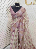 Tissue with golden and silver zari temple design on border