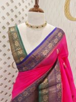 Organza banarasi with double colour boarder and leaf buttas - Image 7