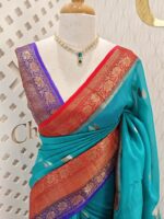 Organza banarasi with double colour boarder and leaf buttas - Image 9