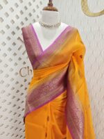 Organza banarasi with 2 flower buttas and contrast boarder - Image 7