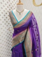 Organza banarasi with 2 flower buttas and contrast boarder - Image 4