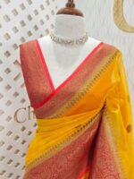 Organza banarasi with 2 flower buttas and contrast boarder - Image 2