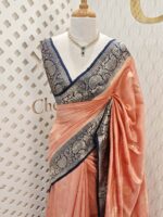 Tussar banarasi with flower and leaf buttas and contrast border - Image 4