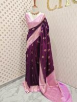 Tussar banarasi with flower and leaf buttas and contrast border - Image 3