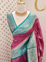 Tussar banarasi with flower and leaf buttas and contrast border - Image 7