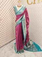 Tussar banarasi with flower and leaf buttas and contrast border - Image 9