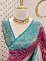 Tussar banarasi with flower and leaf buttas and contrast border - Image 8
