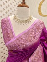 Tussar banarasi with flower and leaf buttas and contrast border - Image 11