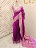 Tussar banarasi with flower and leaf buttas and contrast border - Image 12