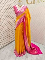 Tussar banarasi with flower and leaf buttas and contrast border - Image 13