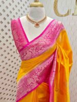 Tussar banarasi with flower and leaf buttas and contrast border - Image 15