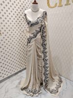 Jute silk with floral paisley scallop like thread embroidery pattern - Image 10