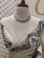 Jute silk with floral paisley scallop like thread embroidery pattern - Image 9