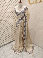 Jute silk with floral paisley scallop like thread embroidery pattern - Image 4