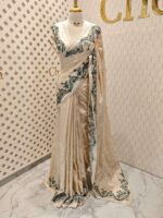 Jute silk with floral paisley scallop like thread embroidery pattern - Image 7
