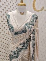 Jute silk with floral paisley scallop like thread embroidery pattern - Image 5