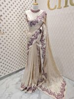 Jute silk with floral paisley scallop like thread embroidery pattern - Image 13
