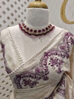 Jute silk with floral paisley scallop like thread embroidery pattern - Image 12
