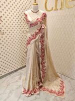 Jute silk with floral paisley scallop like thread embroidery pattern - Image 16