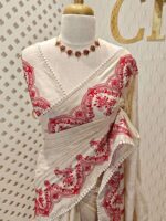 Jute silk with floral paisley scallop like thread embroidery pattern - Image 14