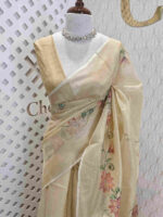 Kota tissue with floral hand paintings and running stitch