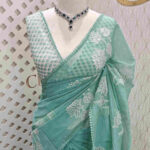 Net kota with lotus flower leaf pearl like embroidery