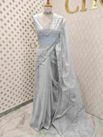 Net kota with small mirror work and floral thread work on border - Image 10