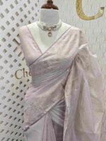 Net kota with small mirror work and floral thread work on border - Image 5