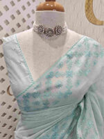 Net kota with small mirror work and floral thread work on border - Image 3