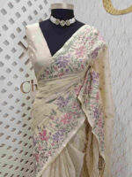 Kota silk with cross stitch flower garden design on border - Image 8