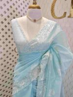 Net kota with rose flower like embroidery thread and sequence work - Image 10