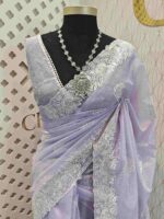 Net kota with rose flower like embroidery thread and sequence work