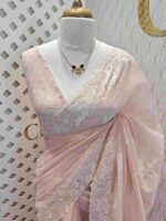 Net kota with rose flower like embroidery thread and sequence work - Image 5
