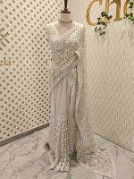 Net saree with beads, sequence snow flakes like design and scallop border - Image 7