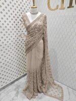 Net saree with beads, sequence snow flakes like design and scallop border - Image 10