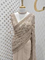 Net saree with beads, sequence snow flakes like design and scallop border - Image 8
