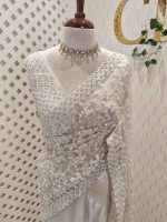 Net saree with beads, sequence snow flakes like design and scallop border - Image 5